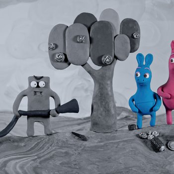 Two grey plasticine creatures and three colourful plasticine creatures