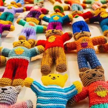 Wall of knitted brave bears in many colours with acorn motif on their tshirts