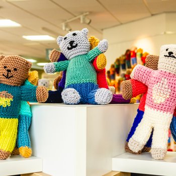 Six brave bears standing on top of the library shelves