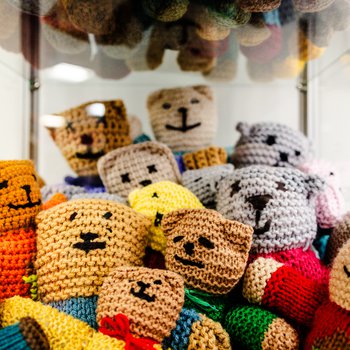 Inside a glass cabinet with brave bear heads in the shot