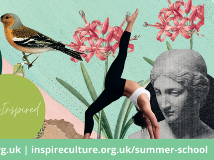Welcome to Summer School banner with graphics of a bird, yogi, classic sculpture and watercolour flowers