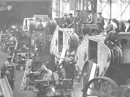 Tanks being manufactured in assembly line