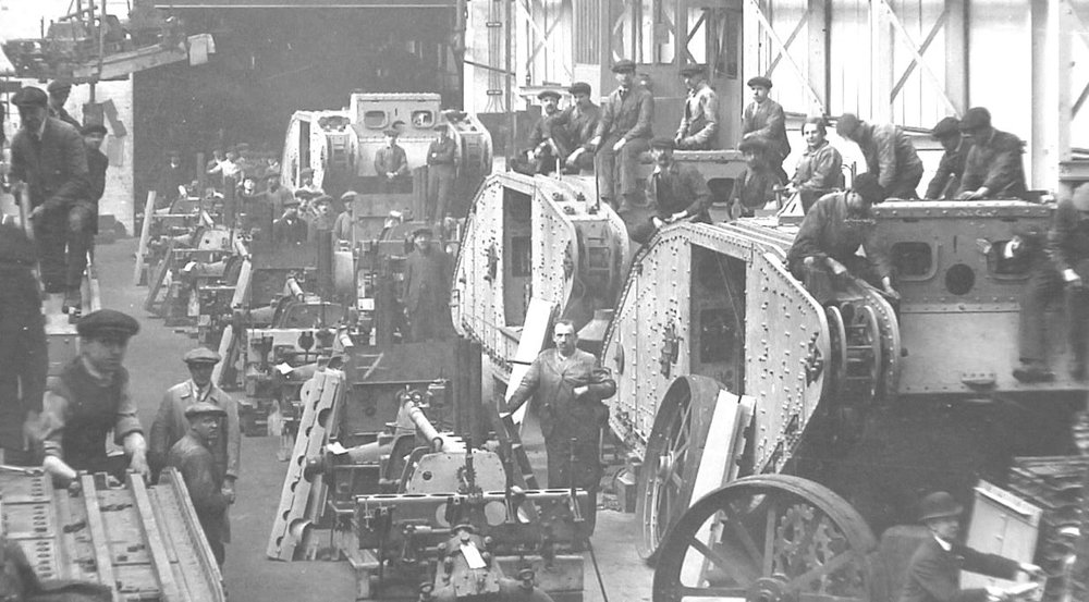 Tanks being manufactured in assembly line