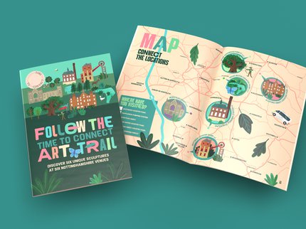 An open booklet with a map and trail inside