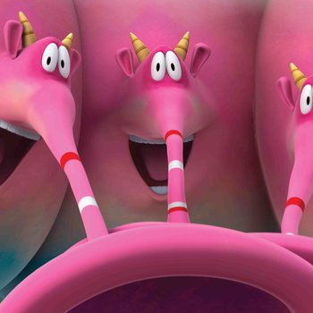 Still image from an animation featuring three pink creatures with long trumpet like noses