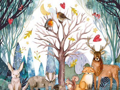 Winter scene with forest animals