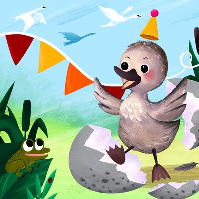 Image of a grey duckling waring a party hat.