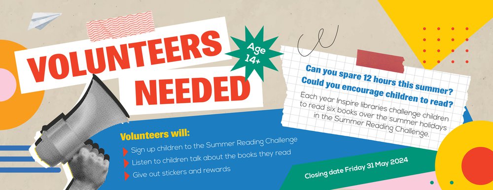 Volunteers Needed at Your Library written in colourful capital letters alongside a lightbulb graphic