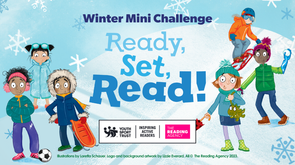 The six Ready, Set, Read! characters in winter clothes against a snowy background, with the text Winter Mini Challenge - Ready, Set, Read!