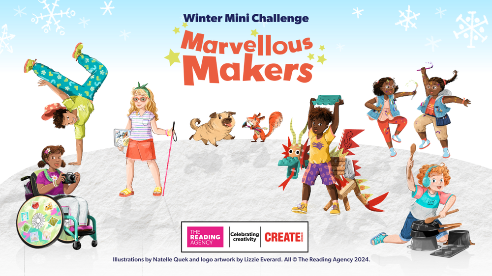 The seven Marvellous Makers children, Bob the pug and Tails the squirrel against a snowy background, with the text Winter Mini Challenge - Marvellous Makers