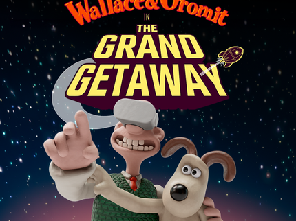 Wallace & Gromit in the Grand Getaway.  Wallace wearing a Virtual reality headset.