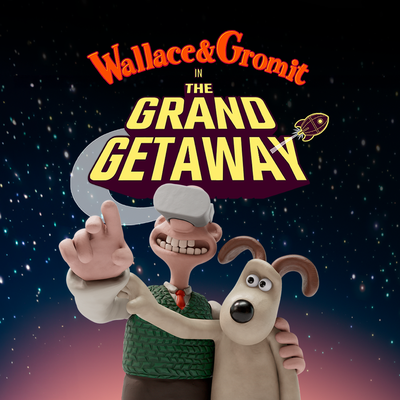 Wallace & Gromit in the Grand Getaway.  Wallace wearing a Virtual reality headset.