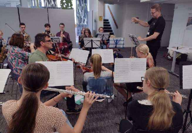 Ensemble members playing instruments