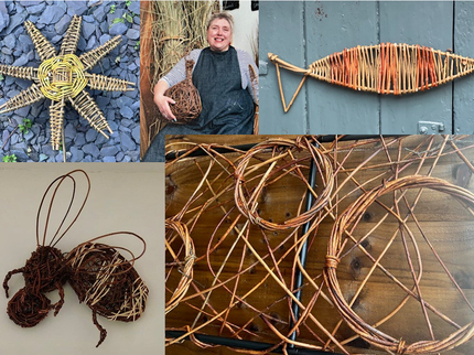 A collection of sculptures made from willow surrounding a photo of willow artist Katrine Scott-Mitchell.