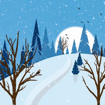 Illustration of winter scene with a path curving uphill, snow-covered fir trees and geese flying past a large full moon.