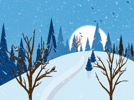 Illustration of winter scene with a path curving uphill, snow-covered fir trees and geese flying past a large full moon.