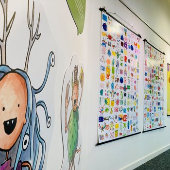 A photograph of the wall of the gallery at Worksop Library showing the Expression artwork