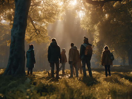 A group of adults, dressed warmly, standing in a sunlit forest clearing.