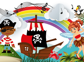 a cartoon image of a pirate ship, a fairy and a little boy in a pirate patch and hat