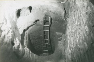 A black and white photograph of a ladder inside a cave shaft