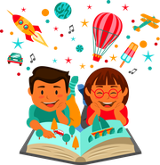 cartoon of two children reading and the book is coming alive on their page