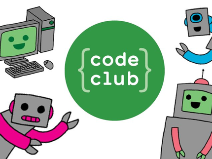 cartoons of robots with a green circle in the middle reading code club