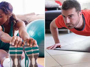 A person stretches touching their toes and another person is doing a press up