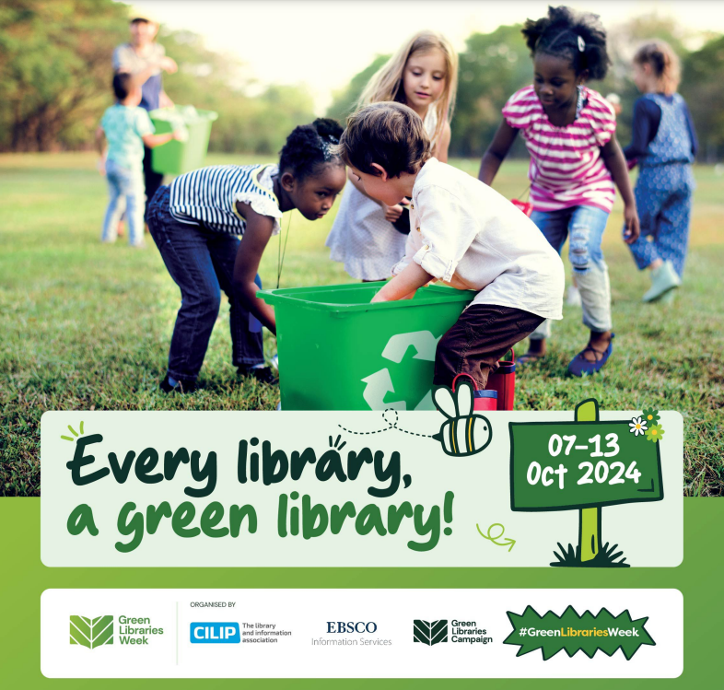 Header image for Green Libraries week - a child sitting on a picnic blanket in a field reading a book. Text reads Go Green at the Library this Libraries Week.