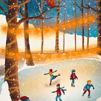 Illustration of a frozen lake with people ice skating amidst trees with squirrels in the branches