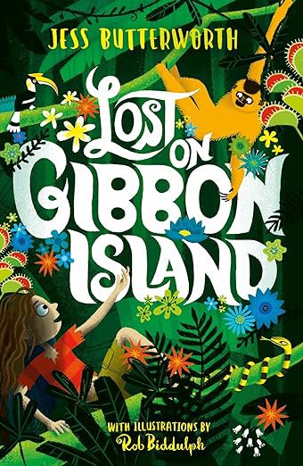 lost on gibbon island book cover with an orangutan in the top right corner and green leaves
