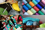 four images of different craft supplies for knitting, sewing, cutting shapes and wool