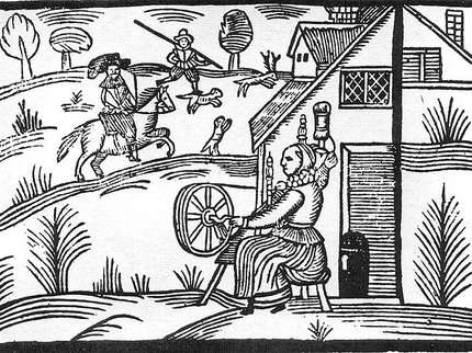 Black and white line illustration of a woman spinning outside her house while men on horseback ride by in the background.