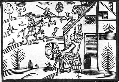 Black and white line illustration of a woman spinning outside her house while men on horseback ride by in the background.