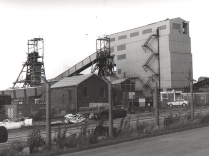 Black and white photograph of the exterior of Shireoaks Colliery