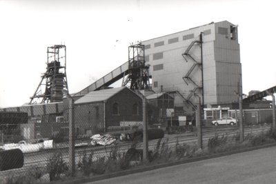 Black and white photograph of the exterior of Shireoaks Colliery