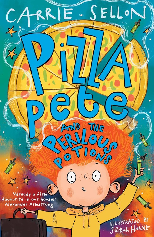 pizza pete book cover featuring a young boy with ginger hair and a pizza at the top of it