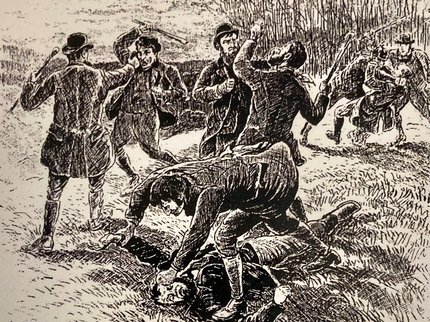 Monochrome illustration of a group of men involved in a brawl.