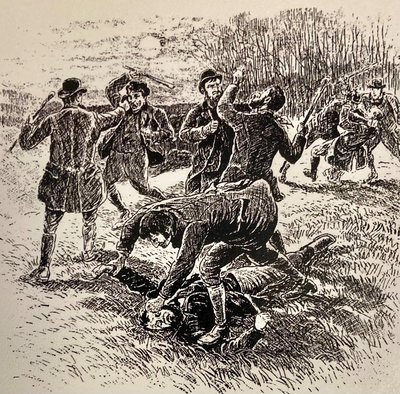 Monochrome illustration of a group of men involved in a brawl.