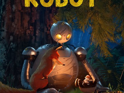 A film poster for the movie showing the main character robot sitting in a dark forest.  They are holding a gosling in their hand with a fox sitting nearby.